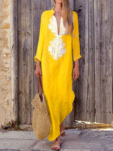 Plus Size Cotton Linen Long Sleeve Solid Loose V Neck Boho Long Dress Casual Dress Maxi Dress For Woman